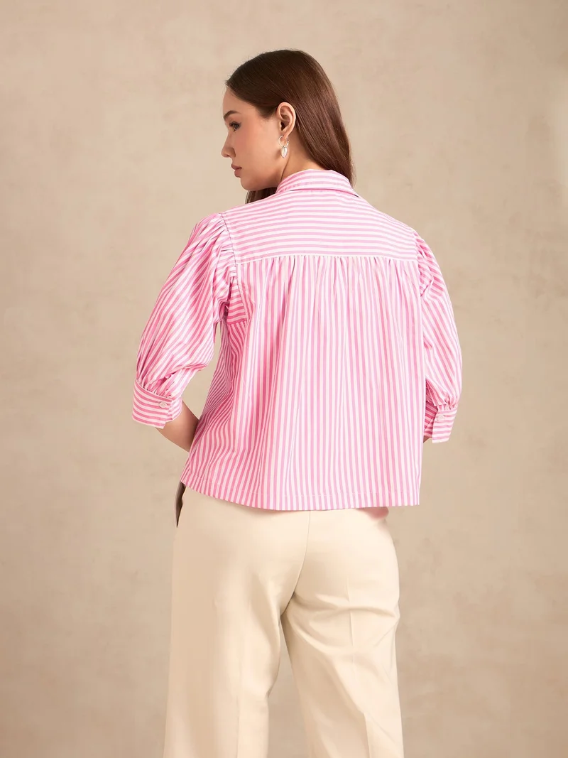 Outzidr  Pink Relaxed Fit Striped Shirt With Balloon Sleeves for Women | Best Price UAE